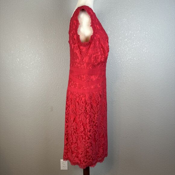 Tadashi Shoji Womens V-Neck Sheath Dress Size 12 Red Floral Embroidered Lace - Picture 5 of 8